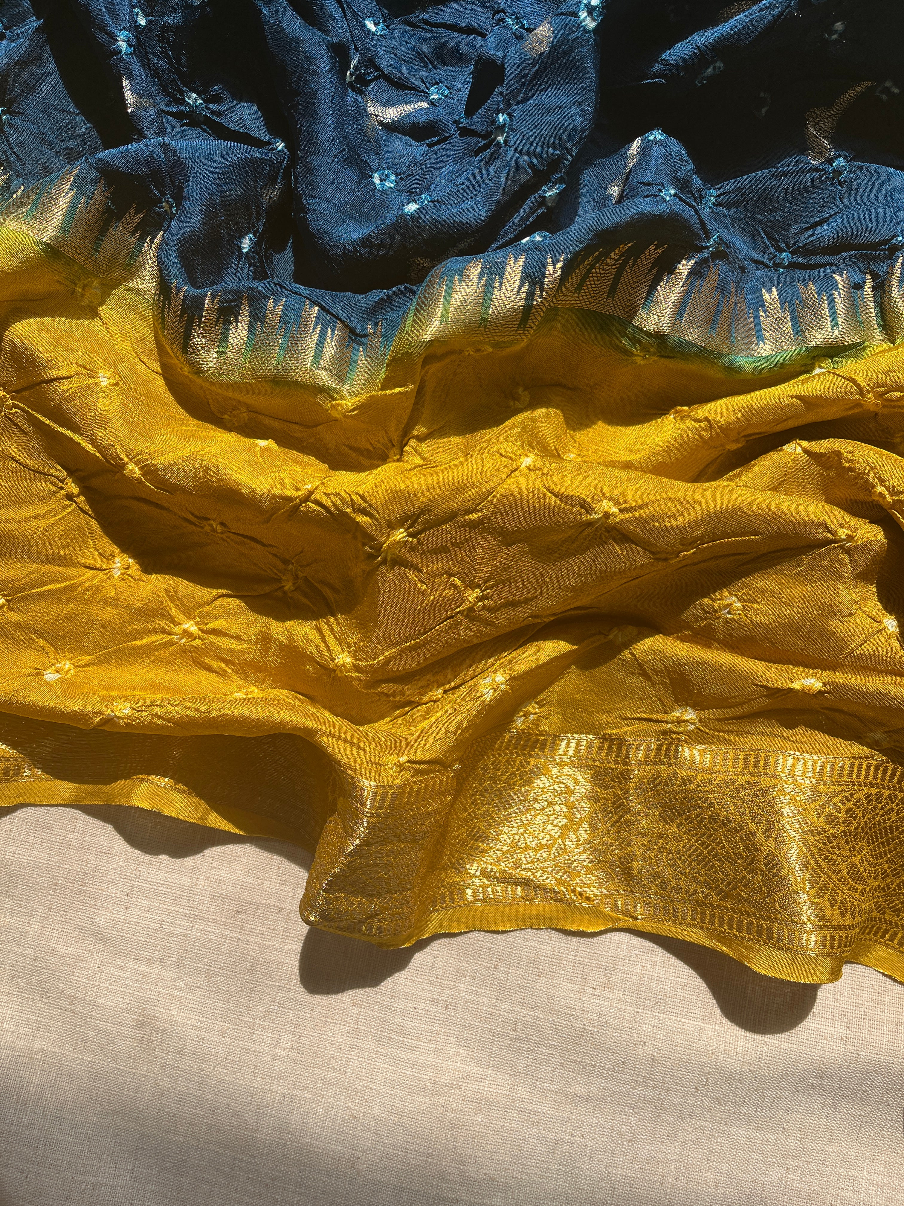 Blue with Mustard Bandhini Art Silk Saree